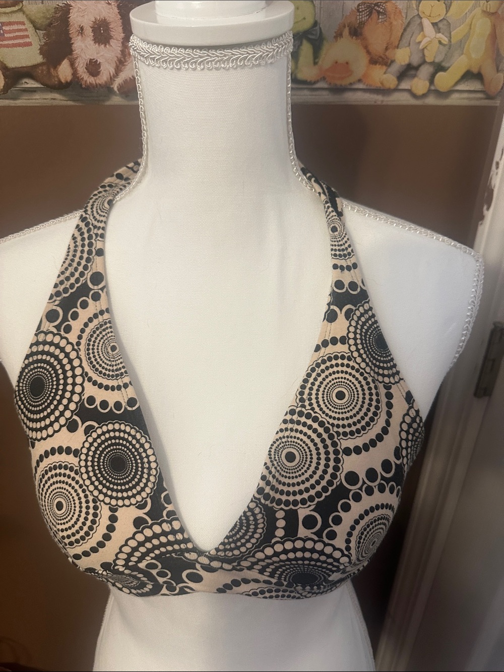 Sand N Sun Women's Halter Swim Top in Beige and Black Medium